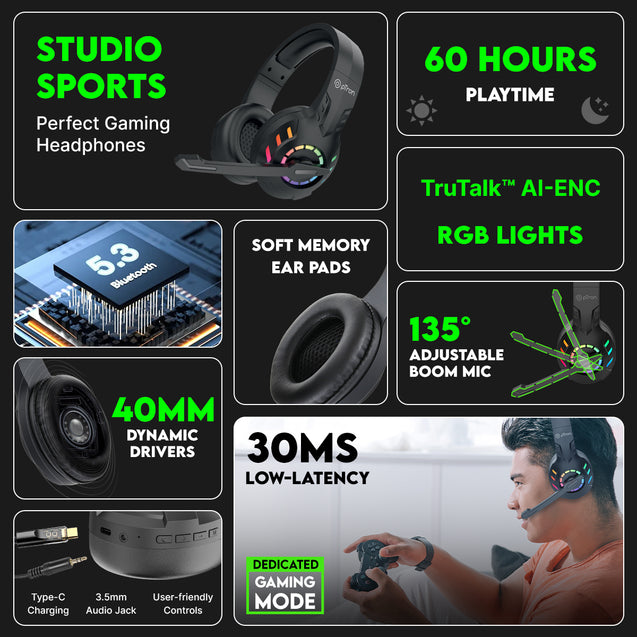 pTron Studio Sports Wireless BT Gaming Over-Ear Headphones, 30MS Low-Latency for Thrilling Gaming Experience, RGB Lights, Boom HD Mic w/AI ENC, 60Hr Playtime, Punchy Sound, Type-C Fast Charging(Sable)