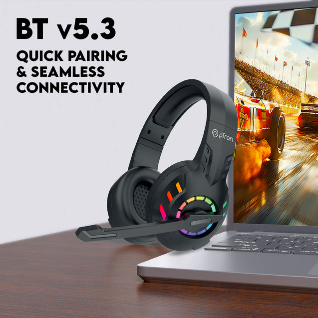 pTron Studio Sports Wireless BT Gaming Over-Ear Headphones, 30MS Low-Latency for Thrilling Gaming Experience, RGB Lights, Boom HD Mic w/AI ENC, 60Hr Playtime, Punchy Sound, Type-C Fast Charging(Sable)