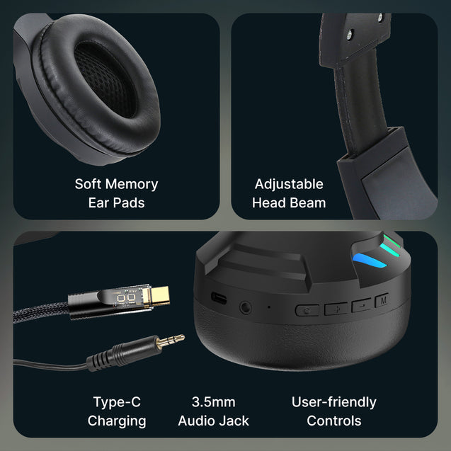 pTron Studio Sports Wireless BT Gaming Over-Ear Headphones, 30MS Low-Latency for Thrilling Gaming Experience, RGB Lights, Boom HD Mic w/AI ENC, 60Hr Playtime, Punchy Sound, Type-C Fast Charging(Sable)