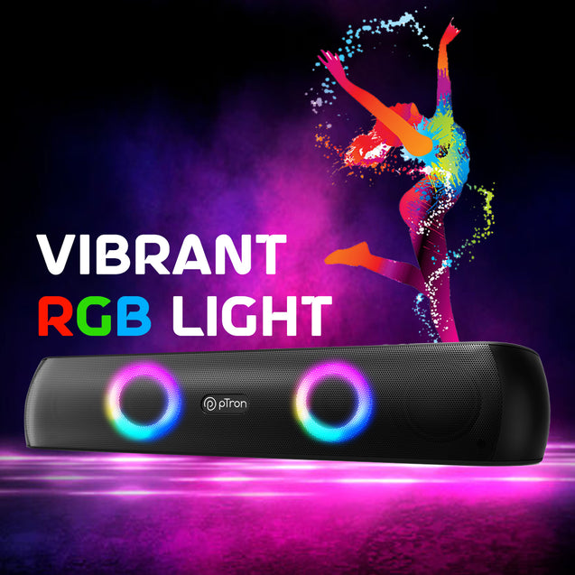 pTron Fusion Beam V2 16W Bluetooth Soundbar Speaker, Stereo Sound, RGB Lights, Metal Grill, Soundbar for Phone/TV/Laptop/Tablets, BT5.3/Aux/TF Card/USB Playback & TWS Feature (Midnight)
