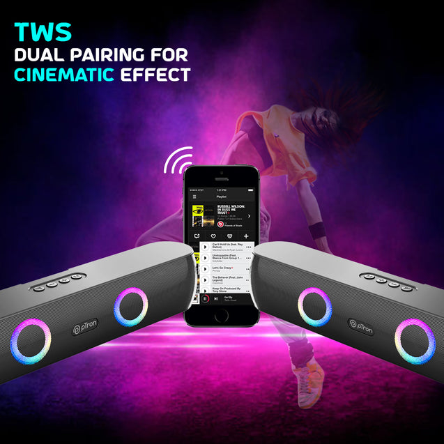 pTron Fusion Beam V2 16W Bluetooth Soundbar Speaker, Stereo Sound, RGB Lights, Metal Grill, Soundbar for Phone/TV/Laptop/Tablets, BT5.3/Aux/TF Card/USB Playback & TWS Feature (Midnight)