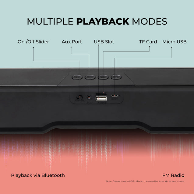 pTron Fusion One 14W Bluetooth Soundbar Speaker, 20Hrs Playback Time, Vivid 10 RGB Modes, Mini Soundbar for Phones/TV/Laptops/Tablets, Multi Modes BT5.3/3.5mm Aux/TF Card/USB/ (Obsidian)