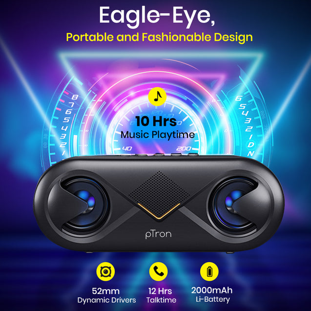 pTron Fusion 10W Bluetooth Speaker, Pristine Stereo Sound, 10Hrs Playtime, Bluetooth 5.0 Speaker, Portable Design, Multi-Play Modes BT/3.5mmAux/TF Card/USB Ports, Integrated Controls (Raven)