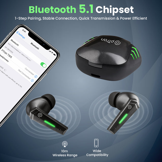 pTron Bassbuds B51 Gaming In-Ear TWS Earbuds, 50ms Low Gaming Latency, 40H Playtime, Dual Mic with ENC for Clear Calls, Bluetooth 5.1, Deep Bass & IPX4 (Black)