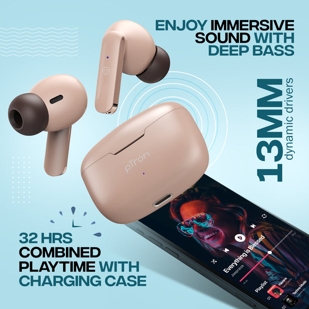 pTron Bassbuds Air In-Ear TWS Earbuds with 13mm Driver for Immersive Sound, 32Hrs Playtime, Clear Calls, Bluetooth V5.1, Touch Control, TypeC Fast Charging, Voice Assist & IPX4 Water Resistant (Brown)