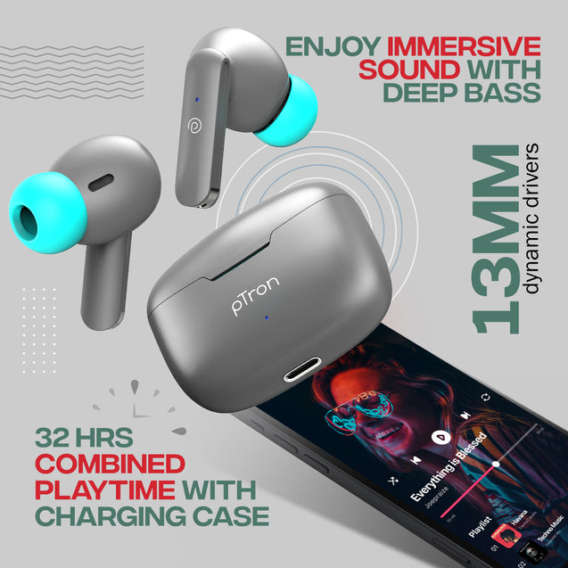 pTron Bassbuds Air In-Ear TWS Earbuds with 13mm Driver for Immersive Sound, 32Hrs Playtime, Clear Calls, Bluetooth V5.1, Touch Control, TypeC Fast Charging, Voice Assist & IPX4 Water Resistant (Grey)