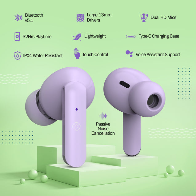 pTron Bassbuds Air In-Ear TWS Earbuds with 13mm Driver for Immersive Sound, 32Hrs Playtime, Clear Calls, Bluetooth V5.1, Touch Control, TypeC Fast Charging, Voice Assist & IPX4 Water Resistant (Light Lilac)