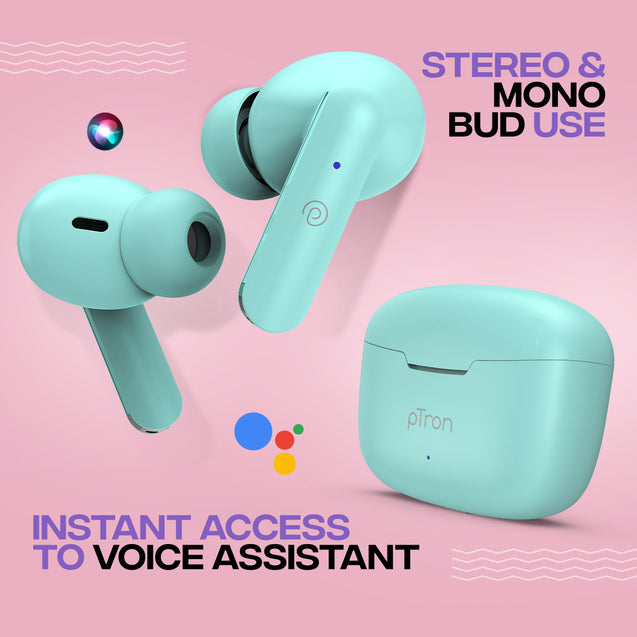 pTron Bassbuds Air In-Ear TWS Earbuds with 13mm Driver for Immersive Sound, 32Hrs Playtime, Clear Calls, Bluetooth V5.1, Touch Control, TypeC Fast Charging, Voice Assist & IPX4 Water Resistant (Mint Green)