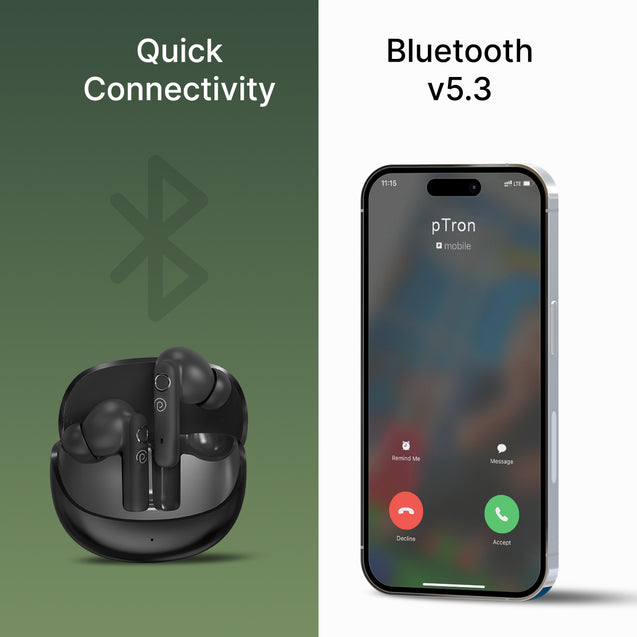 pTron Bassbuds Tunes V2 In-Ear TWS Earbuds with Stereo Sound, 40Hrs Playtime, Stereo Calls, Bluetooth V5.3 Headphones with Quick Pairing, Touch Control, Voice Assistant, Type C Charging & IPX5 Water Resistant (Black)