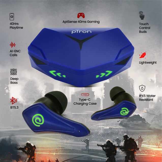 pTron Basspods Torq Gaming TWS Earbuds (Blue)