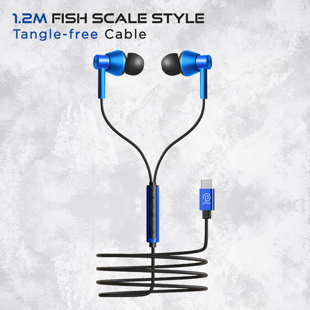 pTron Boom Play X1 In-Ear Type C Wired Headphones with Mic, 13mm Driver for Immersive Audio, 1.2m Fish Scale Style Tangle-free Cable, In-line Controls, Metal Buds, Snug-fit & Wide Compatibility (Blue)