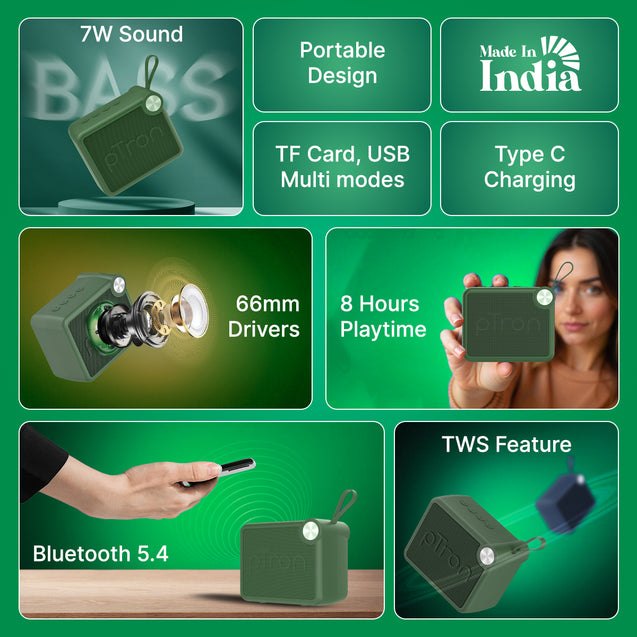 pTron Musicbot Pop V2 7W Bluetooth Speaker with Pristine Sound, Alluring Bass, 6hrs Playtime, Compact Size, TWS Feature, Multi-Playback Modes-BT5.4/TF Card/USB, Metal Grill & Type-C Charging (Green)