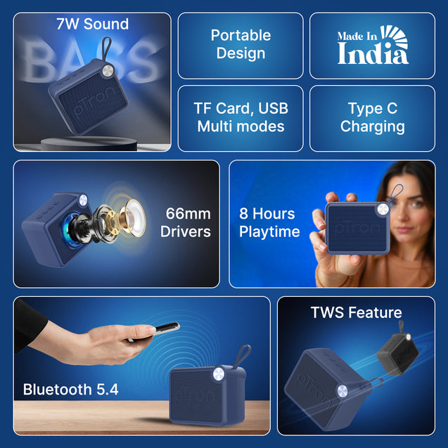 pTron Musicbot Pop V2 7W Bluetooth Speaker with Pristine Sound, Alluring Bass, 6hrs Playtime, Compact Size, TWS Feature, Multi-Playback Modes-BT5.4/TF Card/USB, Metal Grill & Type-C Charging (Blue)