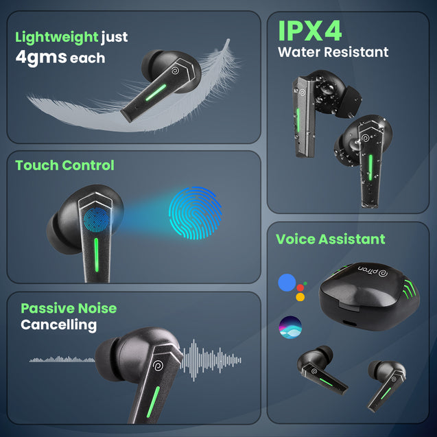 pTron Bassbuds B51 Gaming In-Ear TWS Earbuds, 50ms Low Gaming Latency, 40H Playtime, Dual Mic with ENC for Clear Calls, Bluetooth 5.1, Deep Bass & IPX4 (Black)