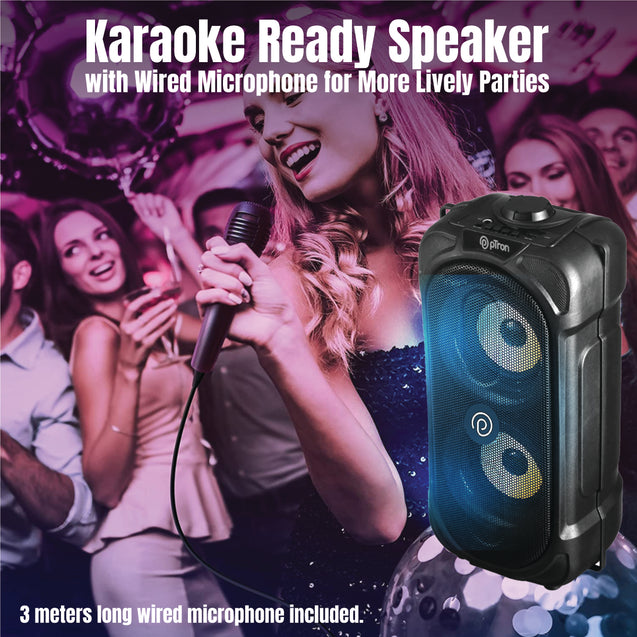 pTron Fusion Party 40W Karaoke Bluetooth Party Speaker with 3M Wired Microphone, Dual Drivers, RGB Lights, USB/SD Card/FM Radio Playback, Auto TWS Function & Remote Control (Black)