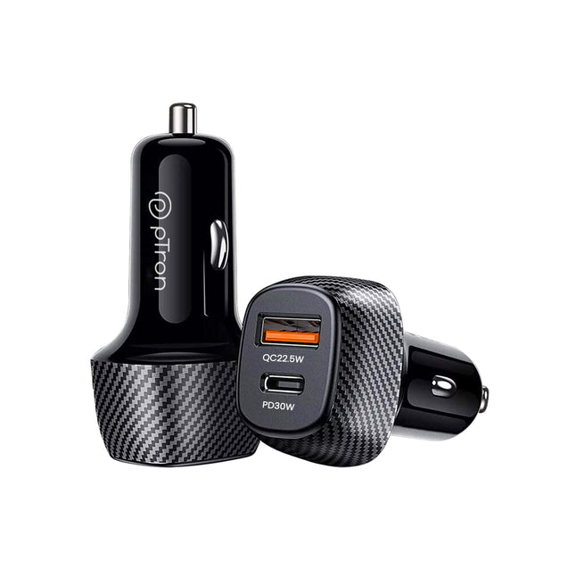 pTron Bullet Zip Mini 52.5W Car Charger with Dual Output, Super VOOC/VOOC Compatible, Fast Charging 30W Type-C/PD & 22.5W USB QC 3.0A & Multiple Protection Layers (Black)
