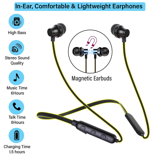 pTron InTunes Lite High Bass In-Ear Wireless Headphones With Mic - (Black/Yellow)