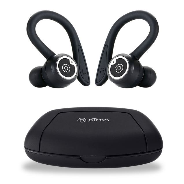 pTron Bassbuds Sports V2 Bluetooth 5.3 Wireless Headphone with Earhooks, 48Hrs Playtime, ENC TWS Earbuds, Immersive Sound, Movie/Music Mode, Touch Control, Type-C Charging & Voice Assistant (Black)