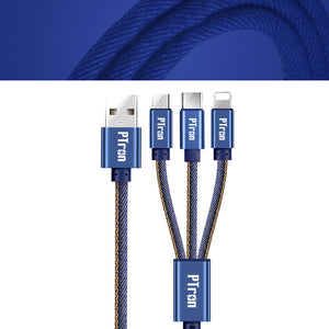 PTron Indigo 2A 3 In 1 Sync Charging Cable Jeans Cloth USB Data Cable For Smartphones (Blue)