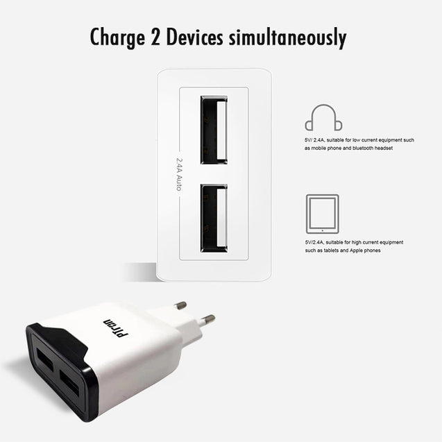PTron Volta 2.4A Dual USB Ports Fast Charging Travel Adapter for All Smartphones (White)