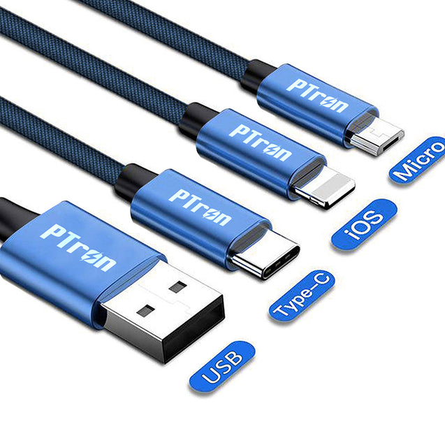 PTron Solero Swing 2A Fast Charging 3 in 1 Nylon Braided USB Cable 1.2M Length for All Smartphones - Blue