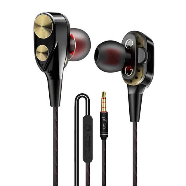 pTron Boom Duo Dual Driver In-Ear Stereo Sound Wired Headset with Mic - (Black & Gold)