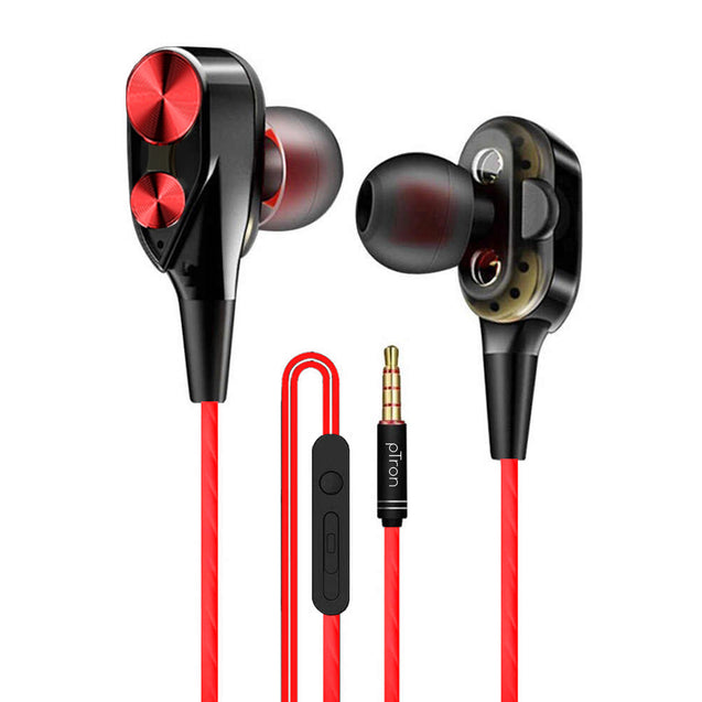 pTron Boom Duo Dual Driver In-Ear Stereo Sound Wired Headset with Mic - (Black & Red)