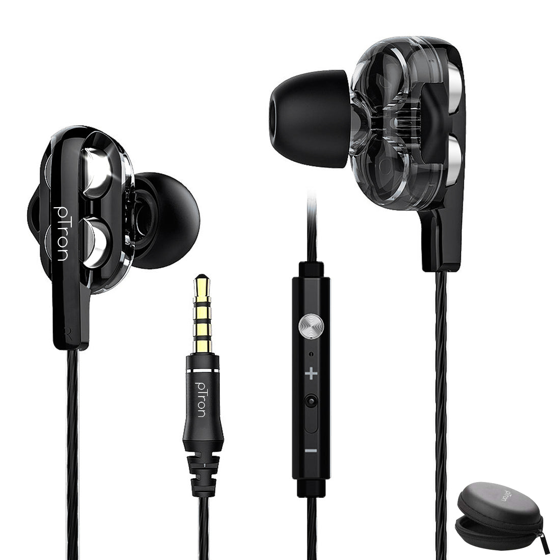 pTron Boom Pro 4D Deep Bass Dual Driver Wired Earphones with Mic for All Smartphones (Black Silver)