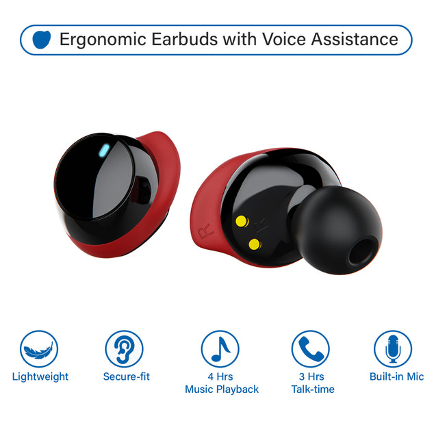 pTron Bassbuds Evo True Wireless Stereo Earphones, 12Hrs Playback with Case & Mic - Black/Red