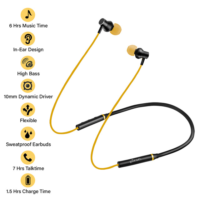 pTron InTunes Beats In-Ear Magnetic Stereo Wireless Neckband with Mic - (Black/Yellow)