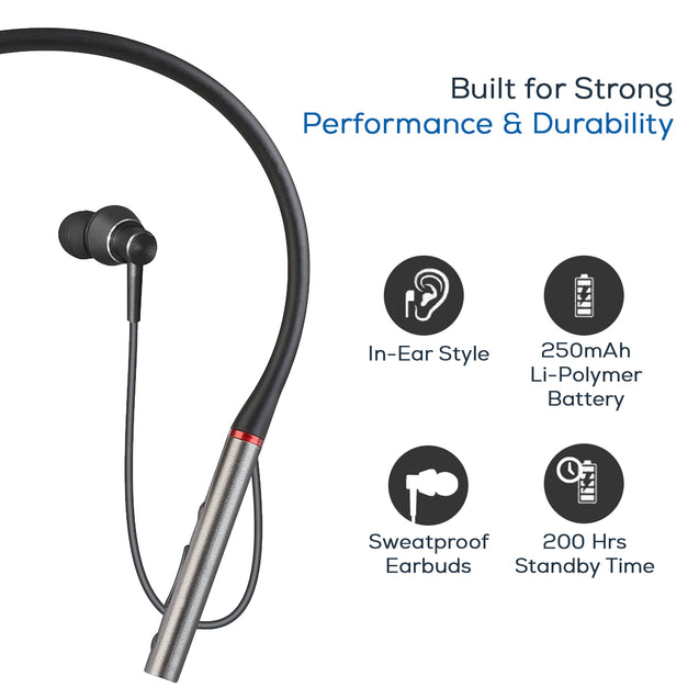 pTron InTunes Classic Wireless Earphones with 15Hrs Playback & Selfie Button - (Grey/Black)