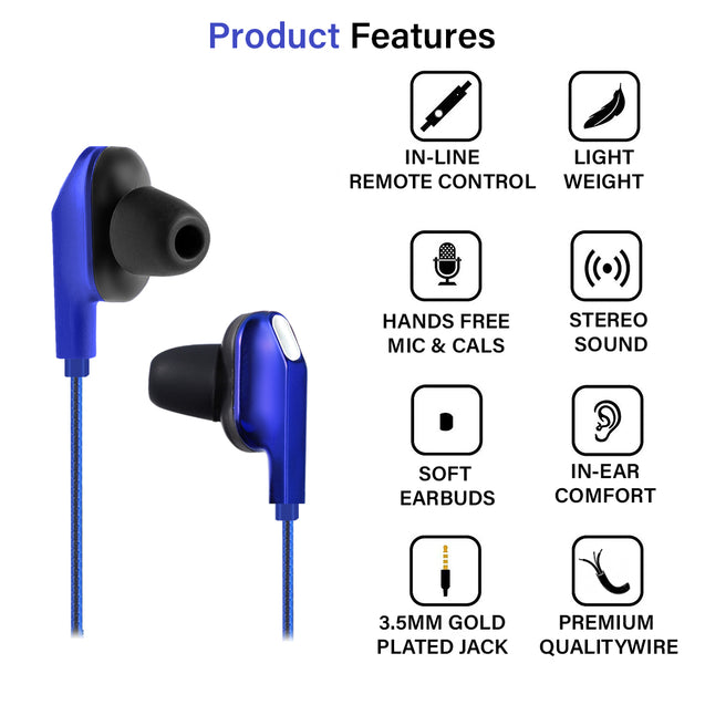 pTron Boom One In-Ear Stereo Sound Wired Earphones with Mic & Volume Control - (Blue)