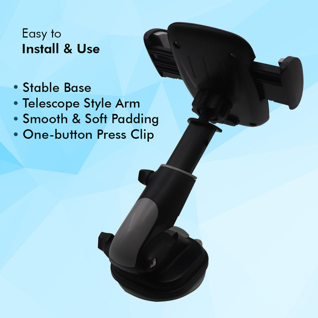 pTron Mount ST4F Adjustable Car Mount Phone Holder for Dashboard & Windshield, 360° Rotating Clamp, Telescopic Extendable Arm, Strong Suction Base & Easy to Install (Black)