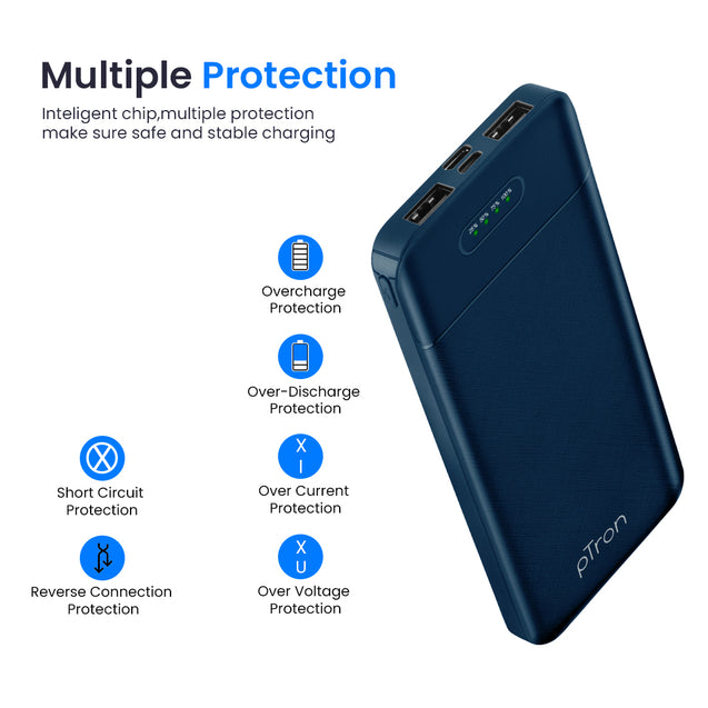 pTron Dynamo Evo 10000mAh Li-Polymer Power Bank, Made in India, 10W 2.1A Fast Charging Power Bank for Smartphones & Dual USB Ports, Type C & Micro USB Input, Safe & Reliable (Blue)