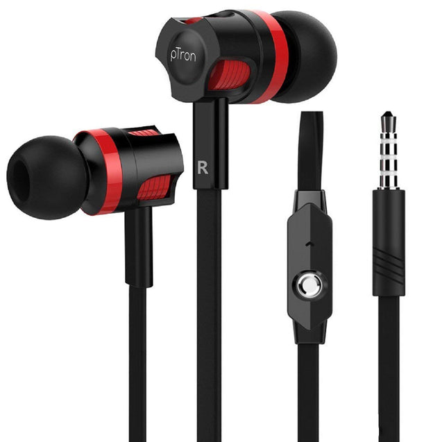 pTron HBE Melo Stereo Sound 3.5mm Audio Jack Wired Earphones with Mic - (Red/Black)