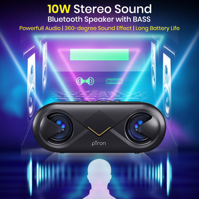 pTron Fusion 10W Bluetooth 5.0 Wireless Speaker, Stereo Sound Audio, 10Hrs Music Playback, Speaker with Mic, Portable Indoor Outdoor Speaker with Aux/TF Card/USB Ports - (Black)