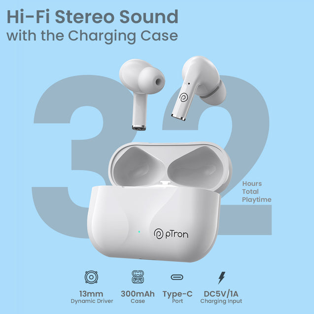 pTron Basspods P181 Truly Wireless Stereo Earbuds with 32Hrs Playtime (White)