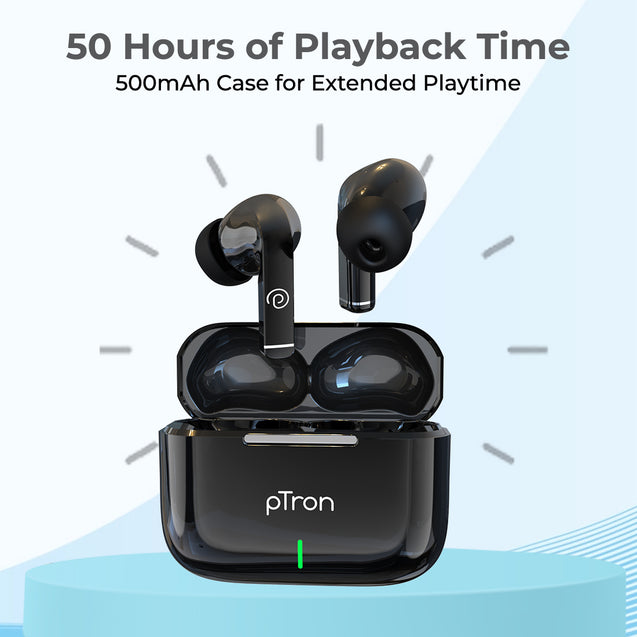 pTron Basspods P81 Pro Wireless Bluetooth 5.1 Headphones with 50Hrs Playback, ENC, Movie/Music Mode, 12mm Drivers, Stereo Calls, Snug-fit Touch Control TWS Earbuds, Voice Assistance & IPX4 (Black)