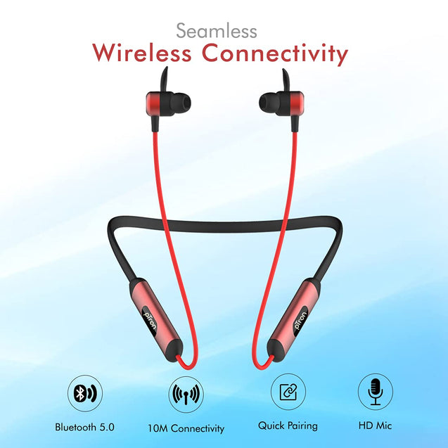 PTron Tangent Plus V2 Wireless Bluetooth In-Ear Headphone With 18Hrs Playtime & Deep Bass (Black and Red)