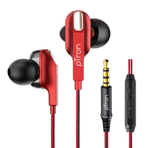 pTron Boom Lite in-Ear Wired Earphones with Stereo Sound, Dual Drivers, Ergonomic & Secure-fit, 1.2M Tangle-Free Braided Cable, Gold-Plated 3.5mm Audio Jack, in-line Mic & Volume Control - (Red)