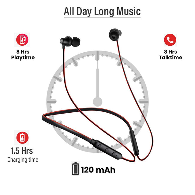 pTron Tangent Lite Magnetic In-Ear Wireless Bluetooth Headphones with Mic - (Black & Red)