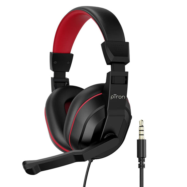 pTron Studio Lite Stereo Sound Wired Over Ear Headphones with Mic, Ergonomic Headset, Adjustable Mic & Integrated Volume Control, 3.5mm Aux Jack & 1.3 Meter Tangle-Free Cord (Black/Red)
