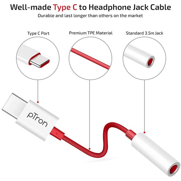 pTron Solero C1 Type-C to 3.5mm Jack Headphones Audio Connector, Compatible with Audio Adapter Accessory Mode Type-C Port Devices Xiaomi, OnePlus Nord /8T/8/7T/7/7 Pro/1+6/1+6T (White & Red)