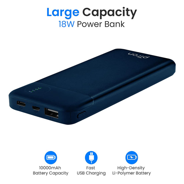 pTron Dynamo Pro 10000mAh 18W QC3.0 PD Power Bank, Made in India, Fast Charge, Type-C & Micro USB Input Ports, with 18W Type C Mini Cable for Smartphones & Other Smart Device - (Blue)