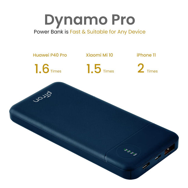 pTron Dynamo Pro 10000mAh 18W QC3.0 PD Power Bank, Made in India, Fast Charge, Type-C & Micro USB Input Ports, with 18W Type C Mini Cable for Smartphones & Other Smart Device - (Blue)