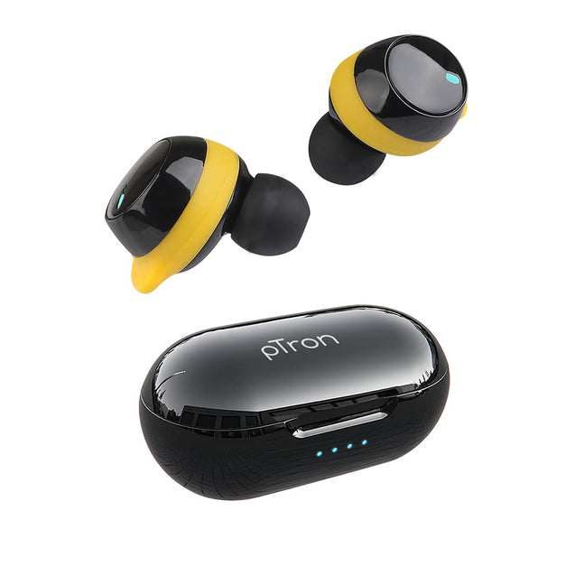 pTron Basspods 581 In-Ear True Wireless Bluetooth 5.0 Headphones with Deep Bass, Ergonomic Earbuds, Auto Pairing, Passive Noise Cancellation, Voice Assistance & Built-in HD Mic - (Black & Yellow)
