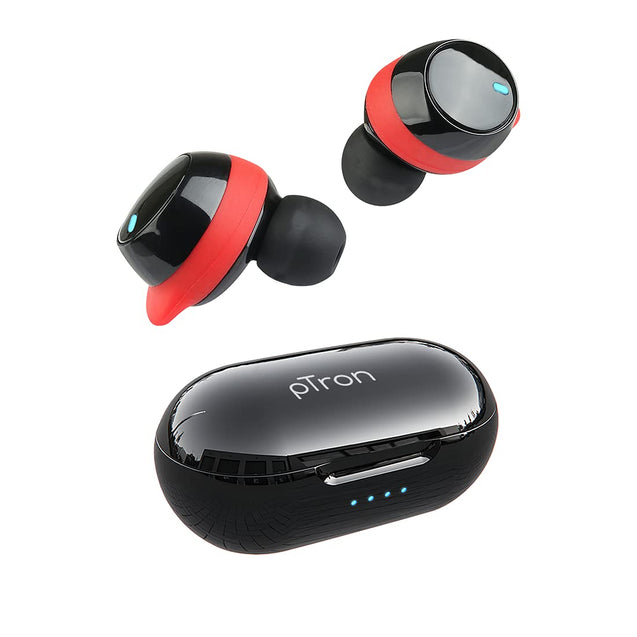 pTron Basspods 581 In-Ear True Wireless Bluetooth 5.0 Headphones with Deep Bass, Ergonomic Earbuds, Auto Pairing, Passive Noise Cancellation, Voice Assistance & Built-in HD Mic - (Black & Red)