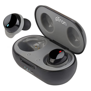 pTron Bassbuds Evo Bluetooth 5.0 Wireless Headphones, Deep Bass, Touch Control Wireless TWS Earbuds, Quick Pairing, Dual HD Mic, Passive Noise Cancelling Earphones with Voice Assistance (Black & Grey)