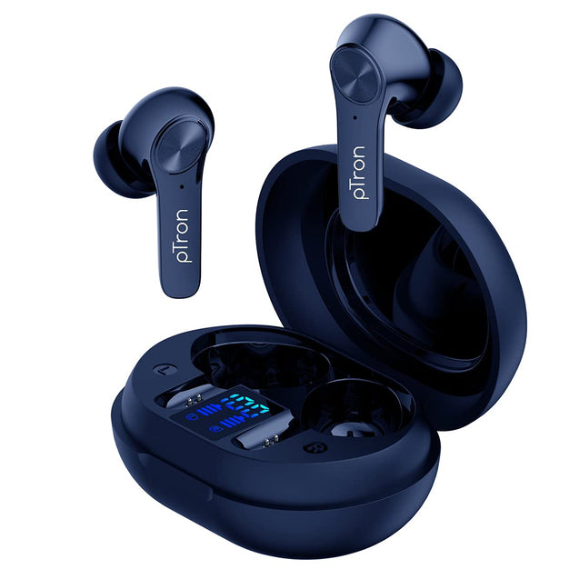 pTron Bassbuds Ultima (ANC) Active Noise Cancellation Bluetooth 5.0 Wireless Headphones with 20Hrs Total Playback with Case, Deep Bass, Touch Control, Voice Assistance & IPX4 Water-Resistance (Blue)