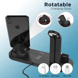 pTron Bullet WX4 3 in 1 Multi-Function Charging Stand for iOS Devices, 10W Qi Wireless Charging, 360° Rotatable Charging Dock for Micro USB/Type-C/iOS Smartphones (Black)